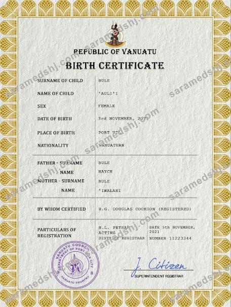 Vanuatu vital record birth certificate PSD template